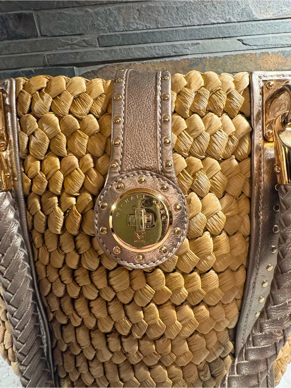 Michael Kors Woven Straw Tote Bag with Taupe Leather Trim